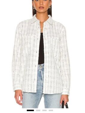 Central Park West White Tweed Button-Down Shirt Jacket - XS
